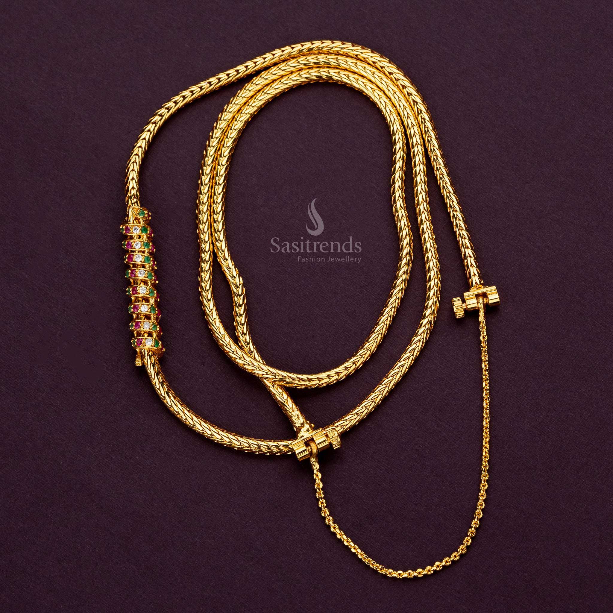 Luxurious spiral AD stone mugappu chain plated with 24K gold, front view - Sasitrends