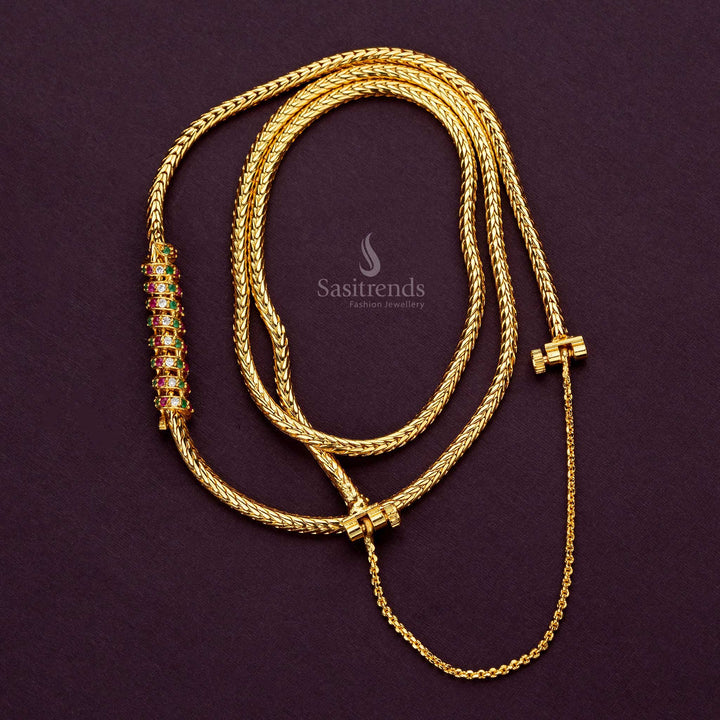 Luxurious spiral AD stone mugappu chain plated with 24K gold, front view - Sasitrends