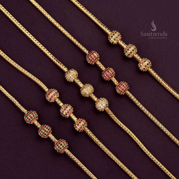 Micro gold plated mugappu chain with 3 ball AD stone design, perfect for silk sarees - Sasitrends