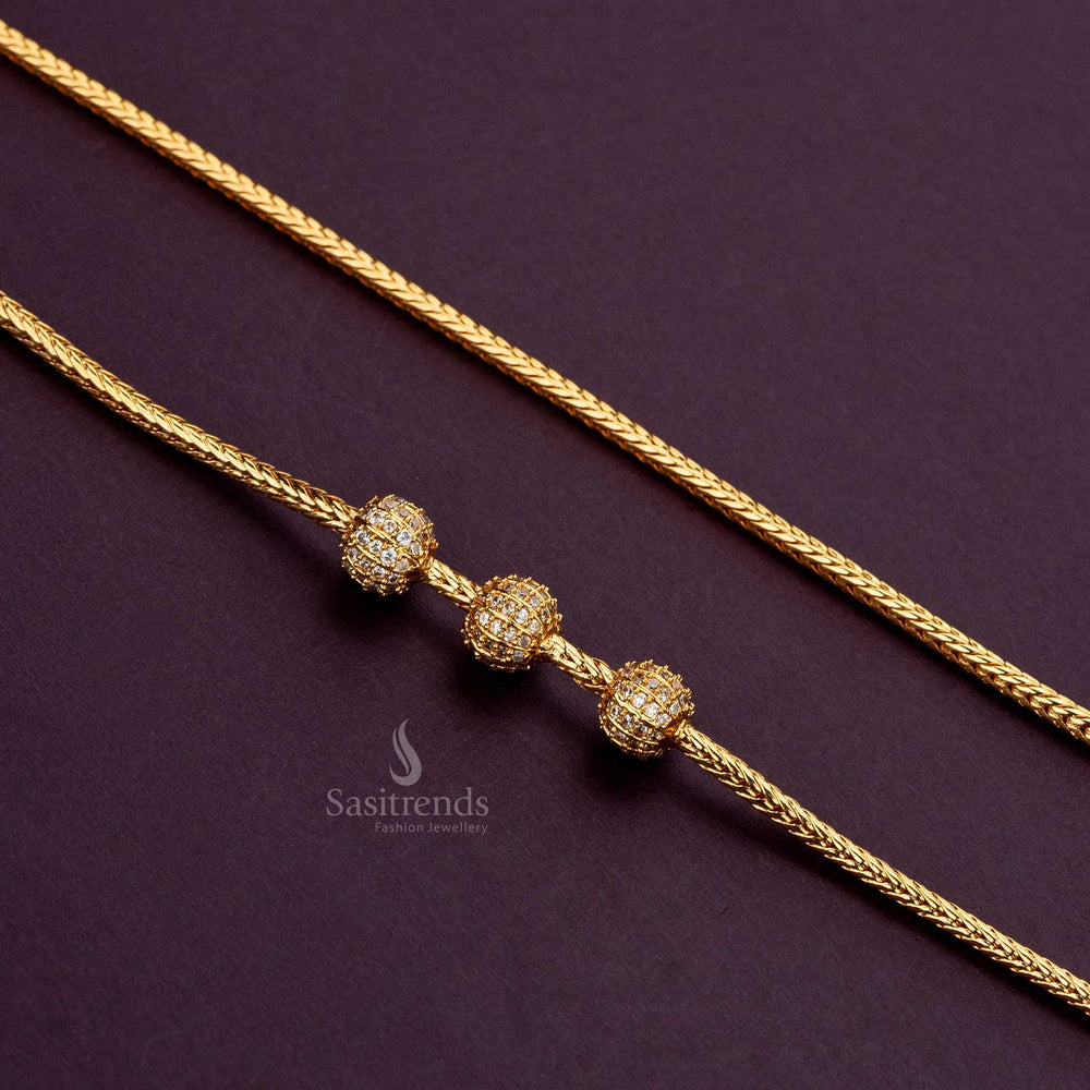 Micro gold plated mugappu chain with 3 ball White AD stone design, perfect for silk sarees - Sasitrends