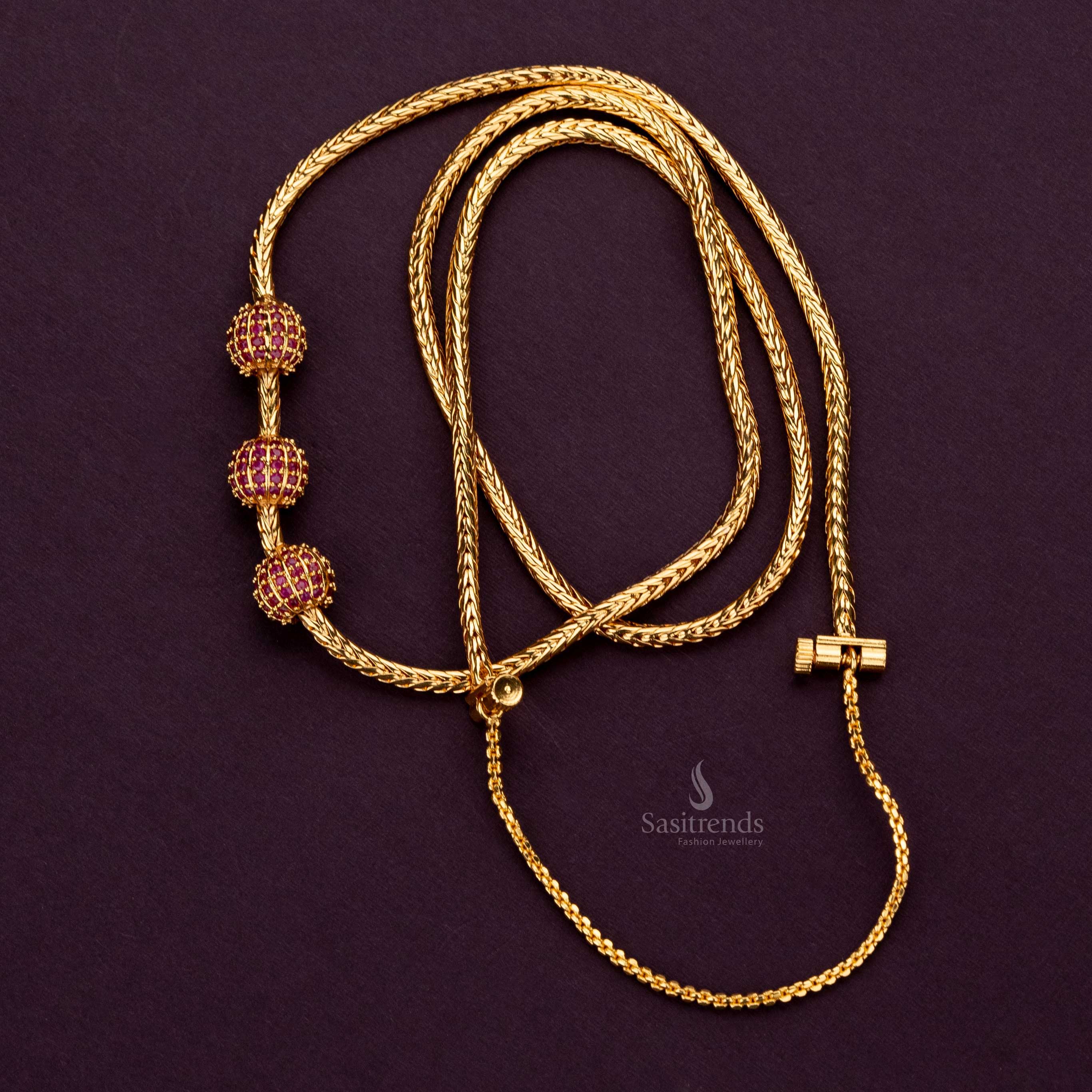 Micro gold plated mugappu chain with 3 ball Ruby AD stone design, perfect for silk sarees - Sasitrends