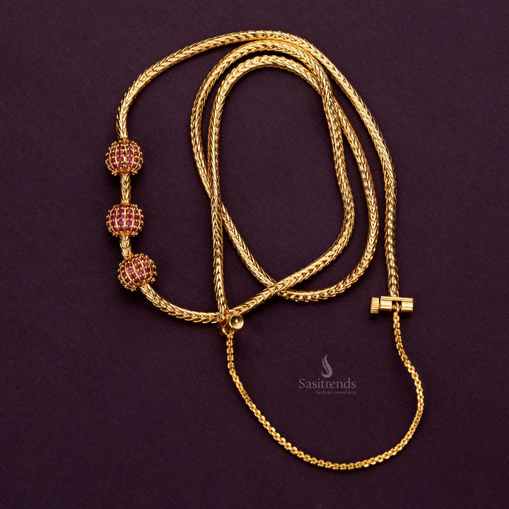 Micro gold plated mugappu chain with 3 ball Ruby AD stone design, perfect for silk sarees - Sasitrends