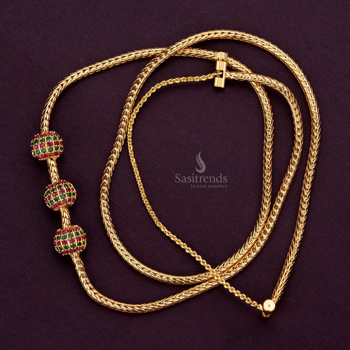 Traditional 24K gold plated spiral mugappu chain with Ruby Green AD stones, perfect for sarees - Sasitrends