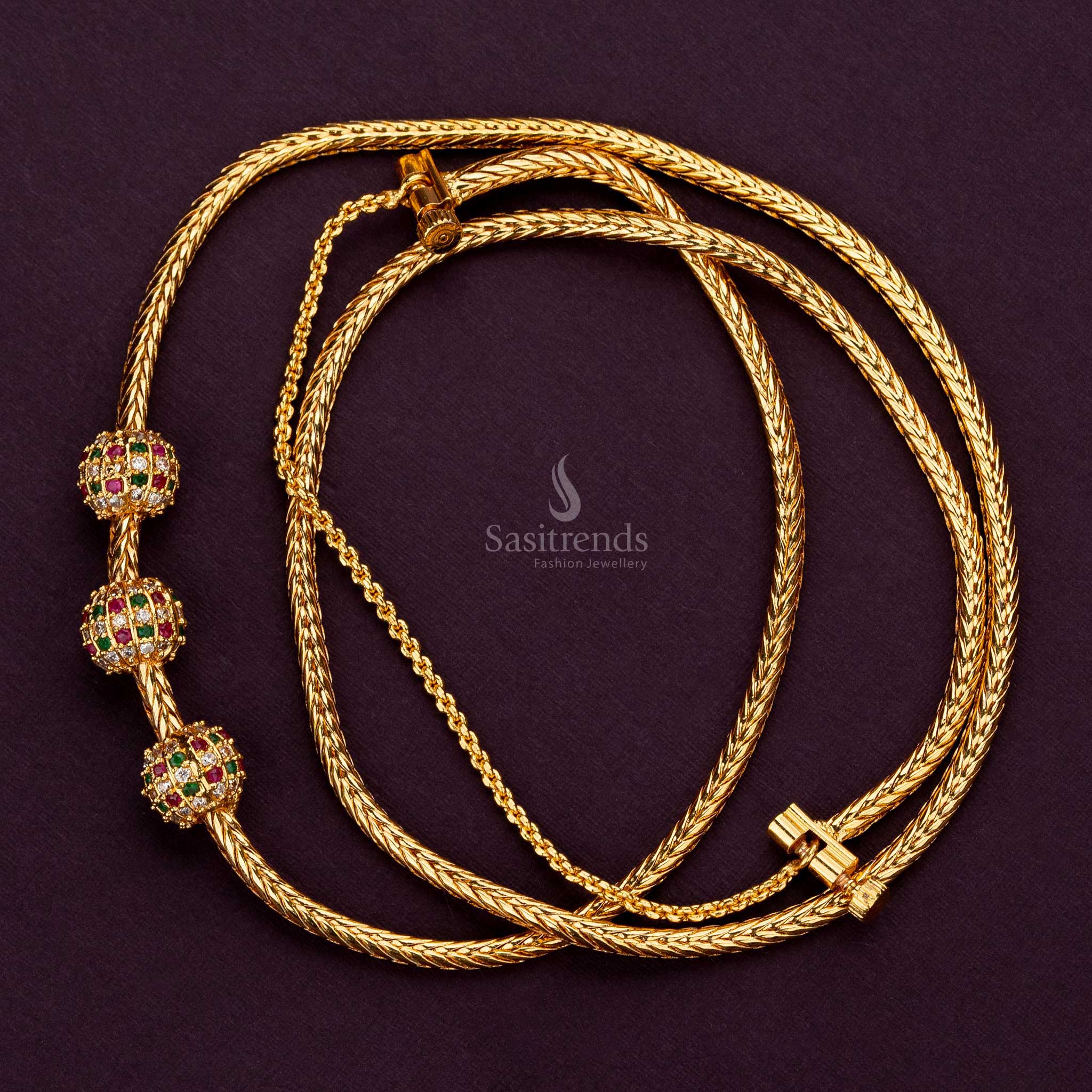 Luxurious spiral Multi Color AD stone mugappu chain plated with 24K gold, front view - Sasitrends