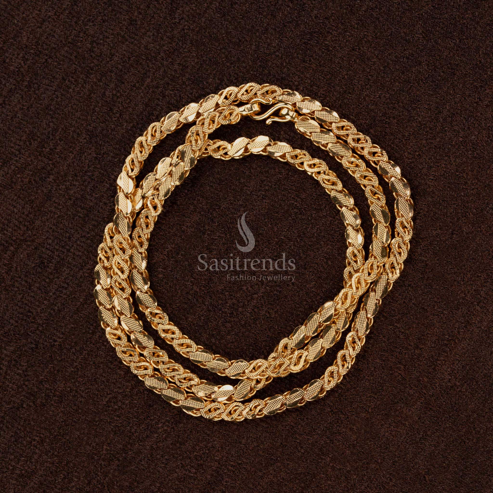 Elegant S cut designer chain in micro gold plating with a one-gram guarantee, designed for stylish and sophisticated celebrations - Sasitrends