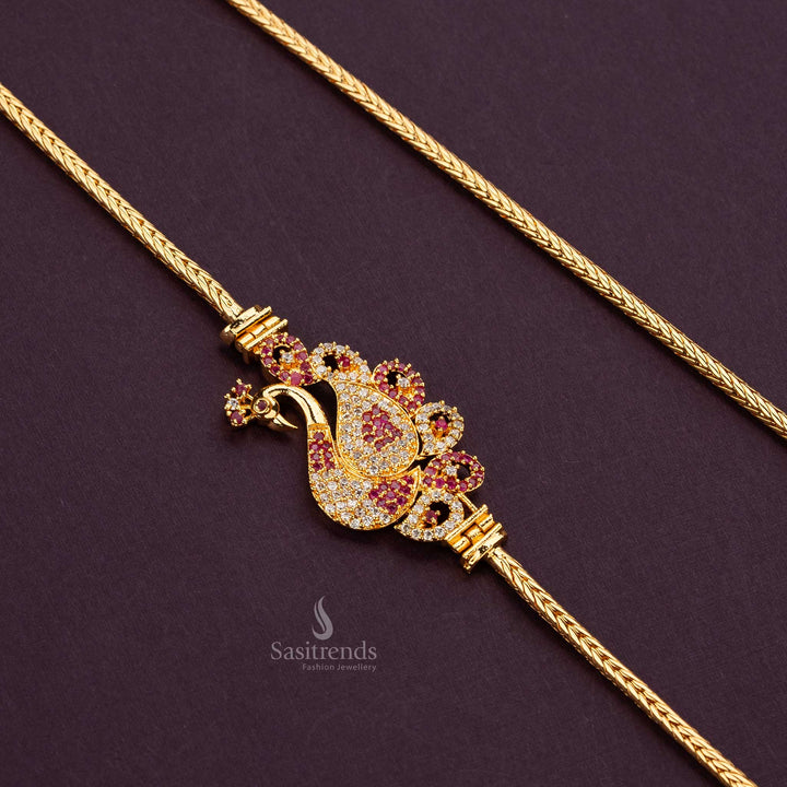 Elegant white and ruby AD stone peacock mugappu chain, perfect for silk sarees and traditional wear - Sasitrends