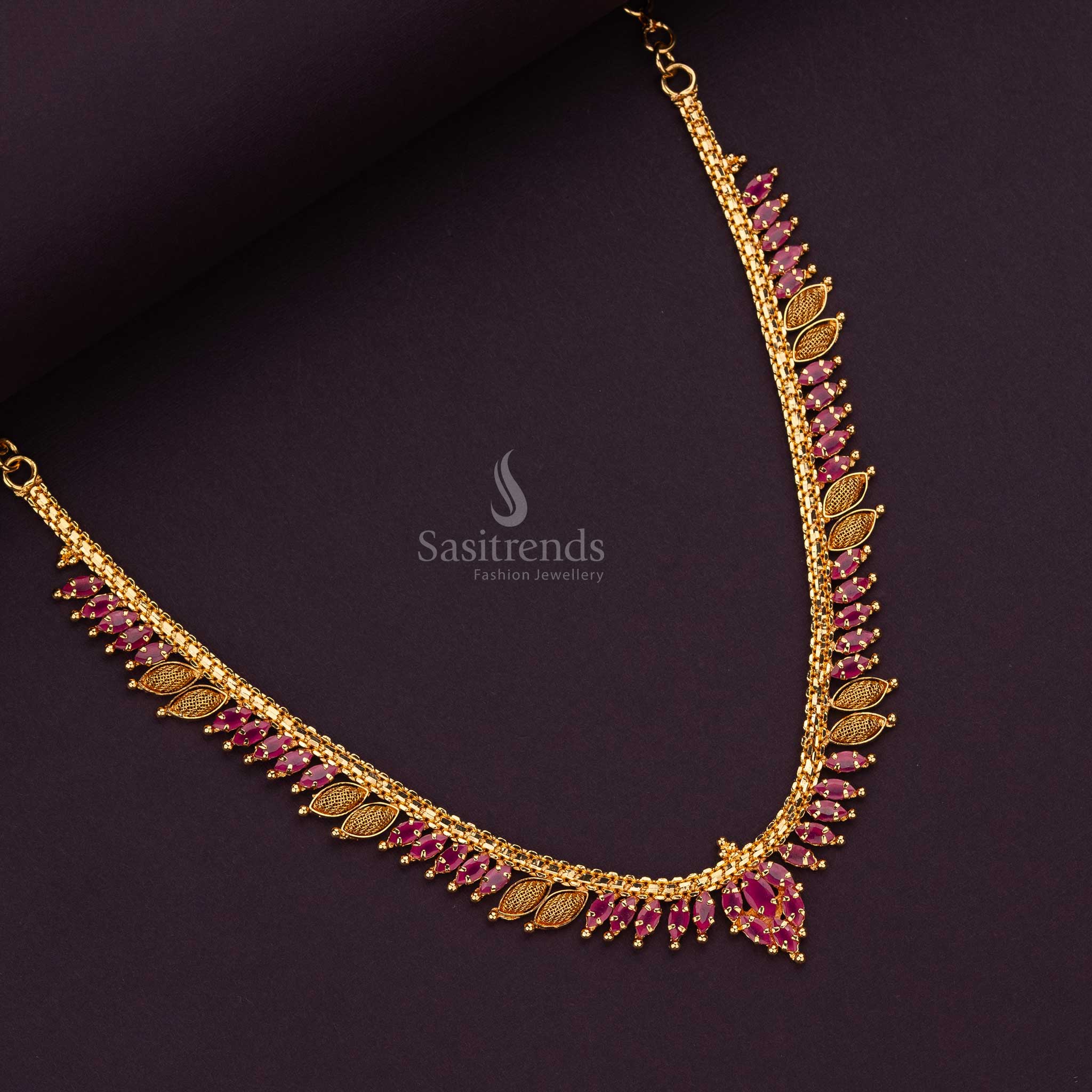 Front view of 1 gram micro gold plated necklace ruby stones - Sasitrends