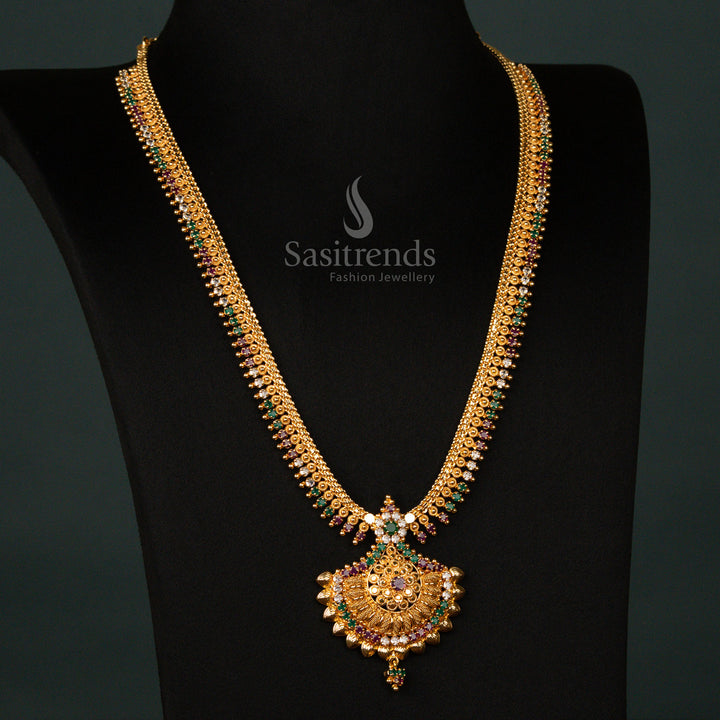 Royal Multi-Color Traditional Grand One Gram Micro Gold Long Haram Necklace – Exclusive Bridal Festive Jewellery for Majestic Grand Occasions - Sasitrends