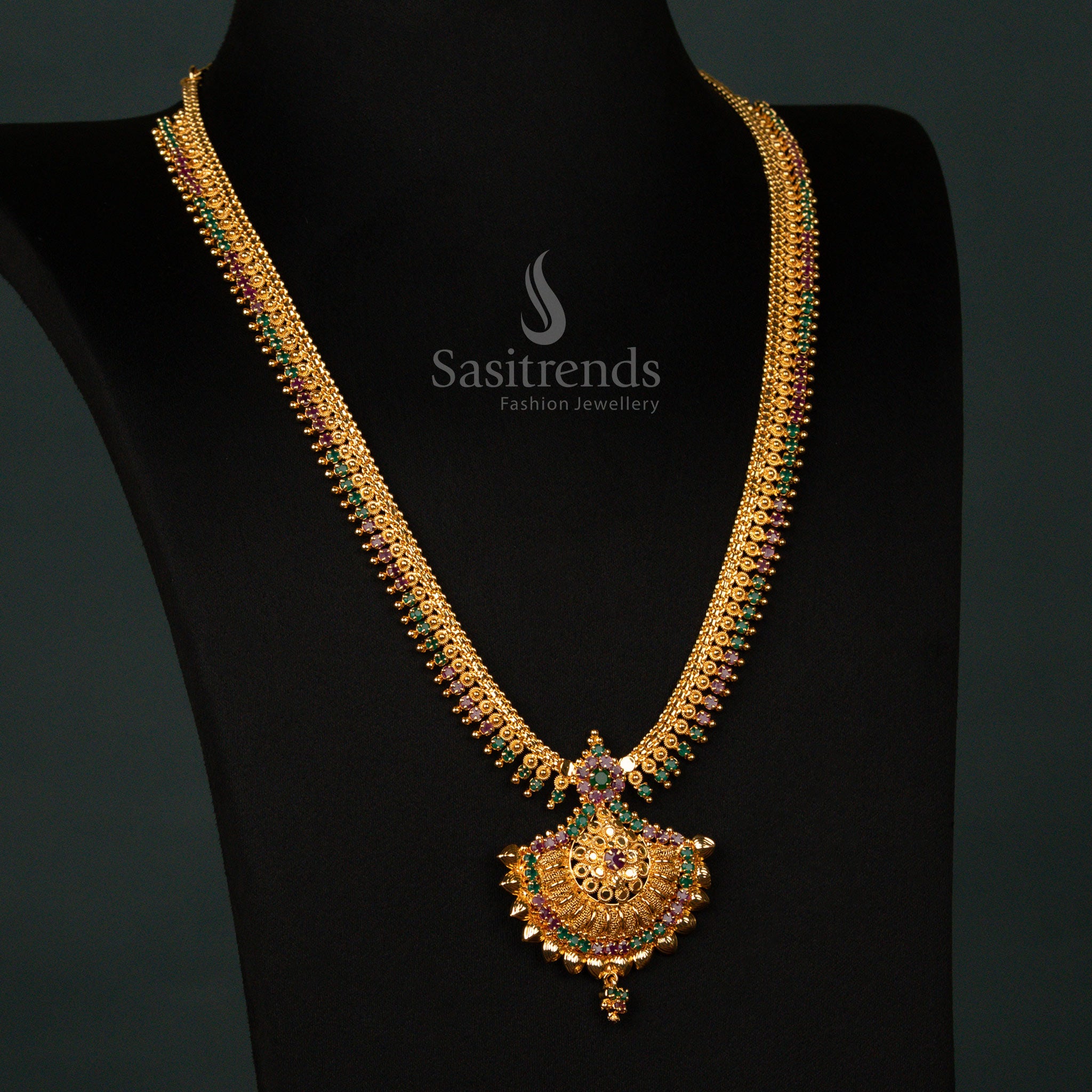 Grand Vintage Ruby Green Traditional One Gram Micro Gold Long Haram Necklace – Opulent Wedding Ceremonial Jewellery for Royal Ethnic Charm - Sasitrends