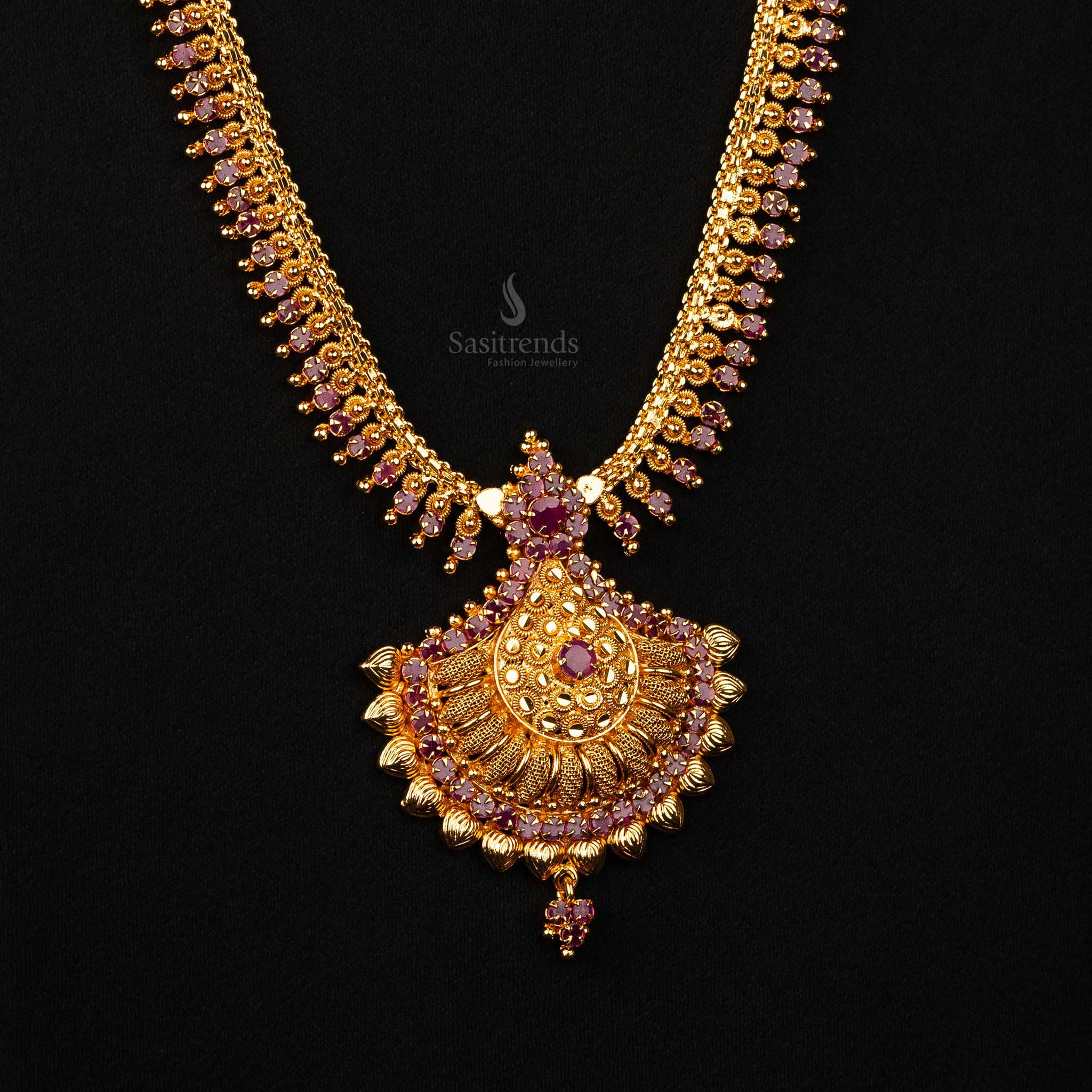 One gram gold jewellery long haram with ruby stones and circular pendant  