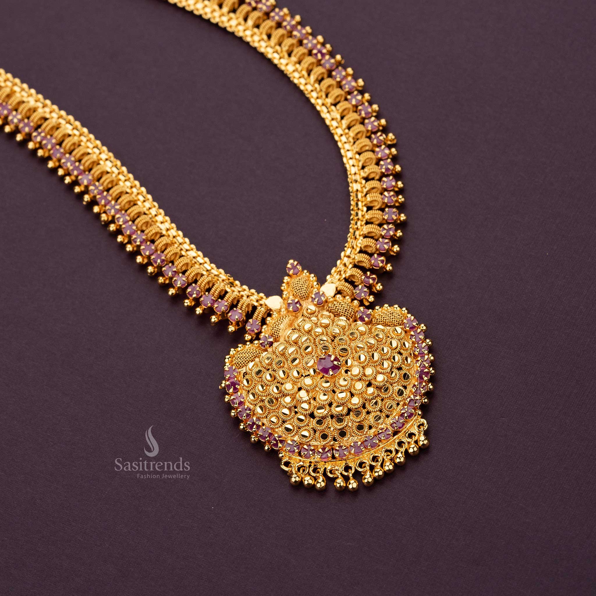 Elegant one gram gold plated long haram with ruby stones and teardrop pendant 