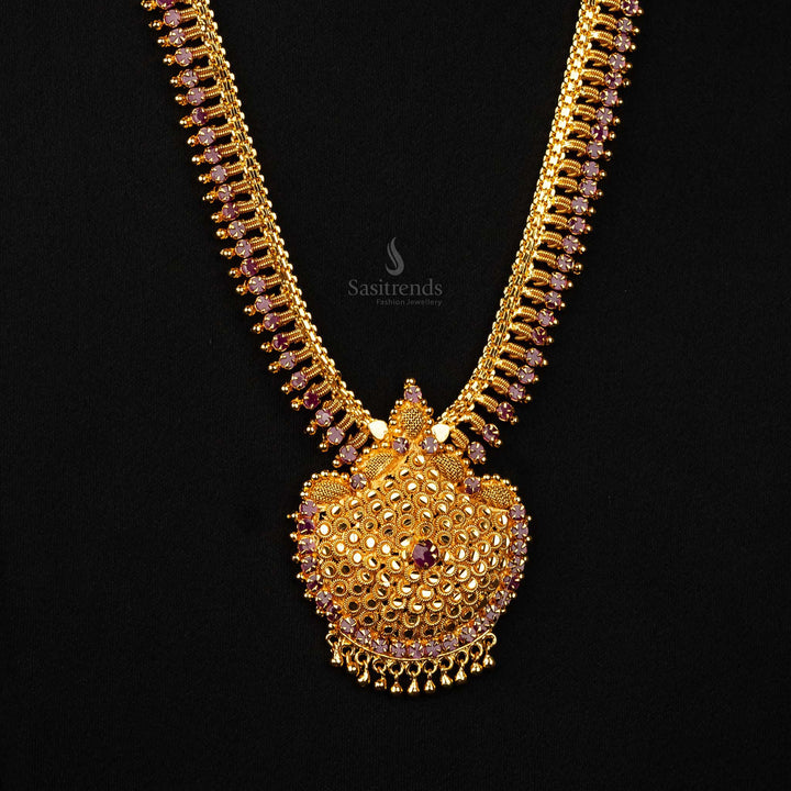 Traditional ruby AD stone studded long haram with teardrop pendant 