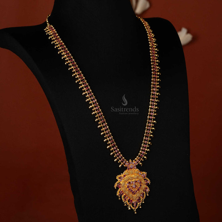 Elegant micro gold plated long haram necklace with intricate AD stone pendant 