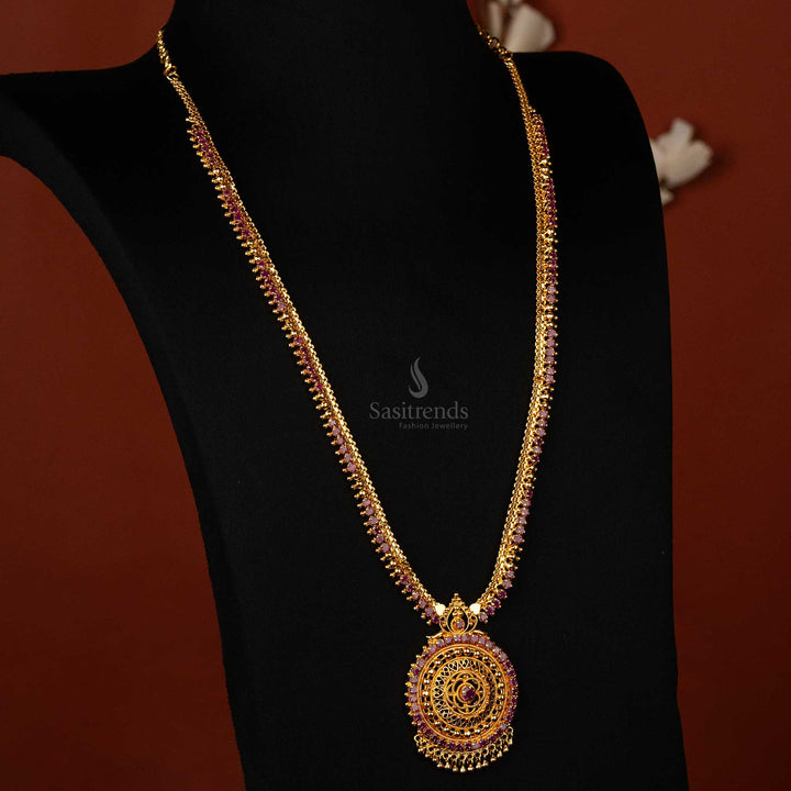 Majestic ruby stone long haram necklace with circular pendant sasitrends