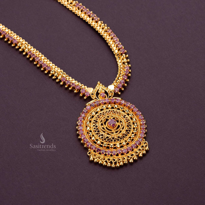 Micro gold-plated long haram featuring ruby stones and round pendant 