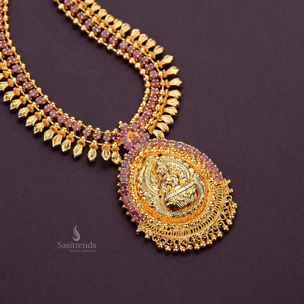 Luxurious ruby-studded long Lakshmi pendant haram sasitrends online