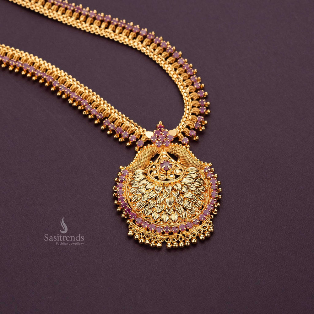 Traditional micro gold plated long necklace adorned with ruby stones and gold beads