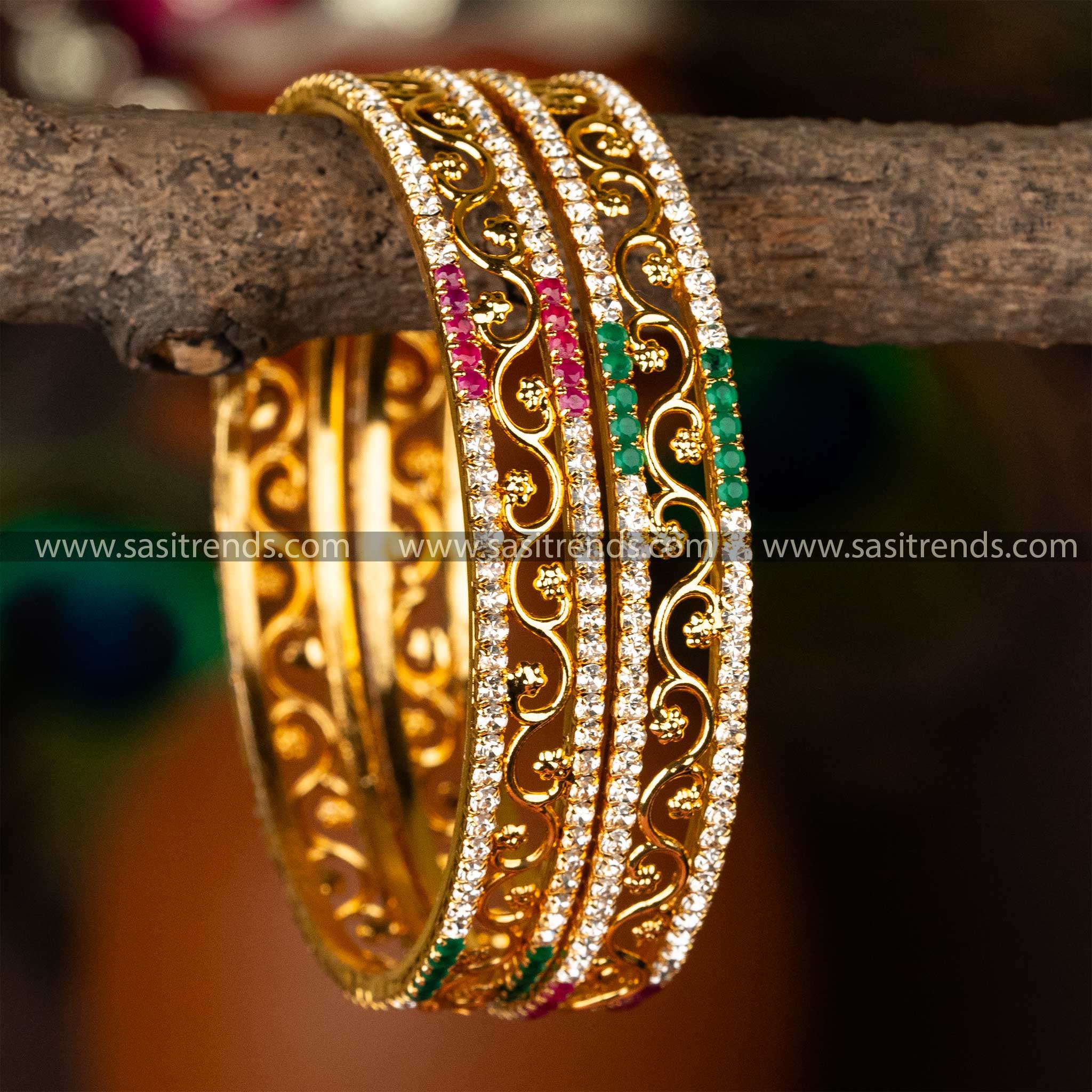 One Gram Micro Gold Plated Guaranteed Two Line Multi AD Stones Floral Designer Bangles 