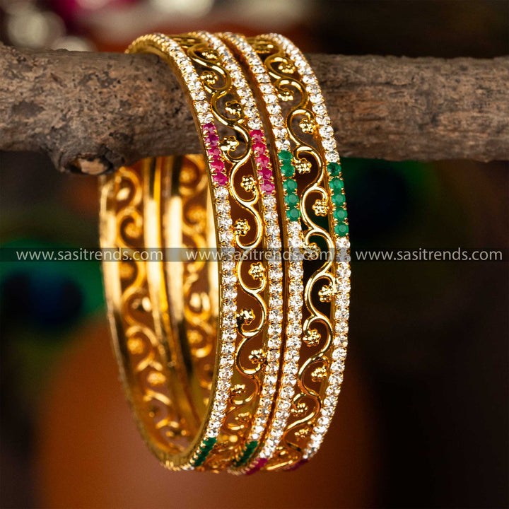 One Gram Micro Gold Plated Guaranteed Two Line Multi AD Stones Floral Designer Bangles 