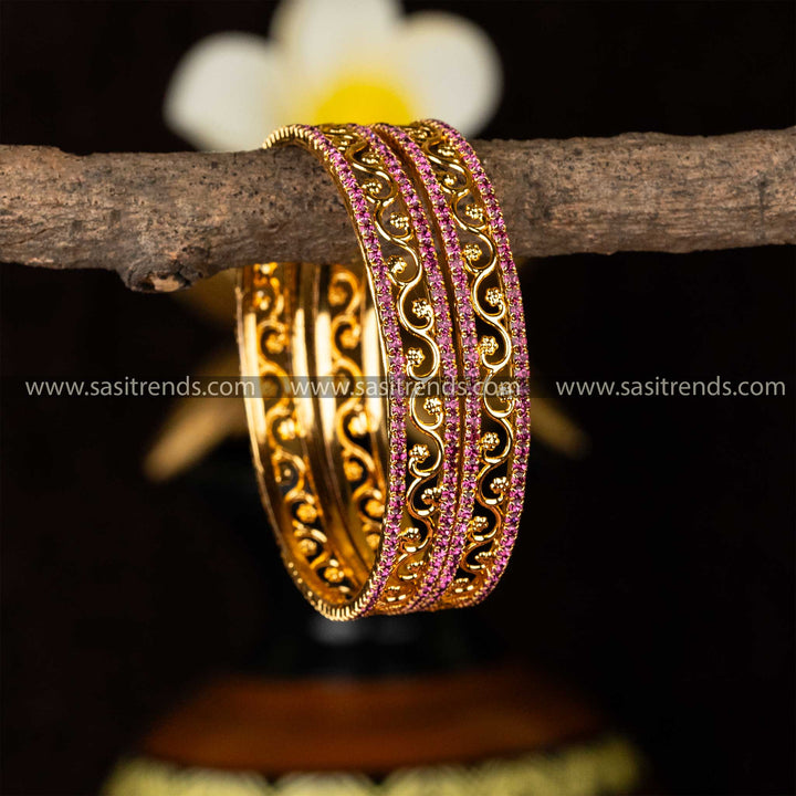 Guaranteed Micro Gold Plated Leaf and Flower Designer Two Line Pink American Diamond Stone Studded Bangles Online Shopping 