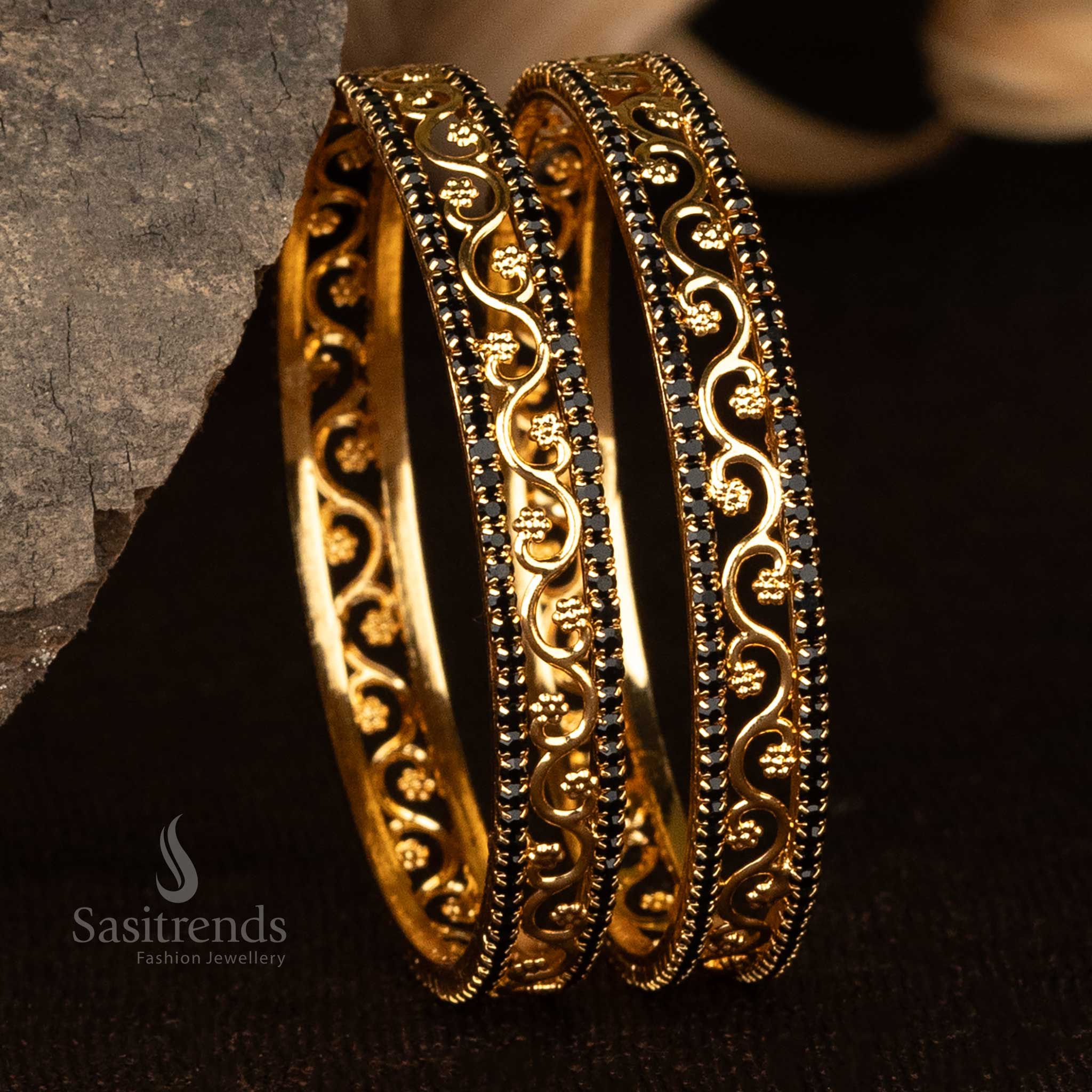 Traditional One Gram Micro Gold Plated Guaranteed Two Line black AD Stones Floral Designer Bangles-Sasitrends