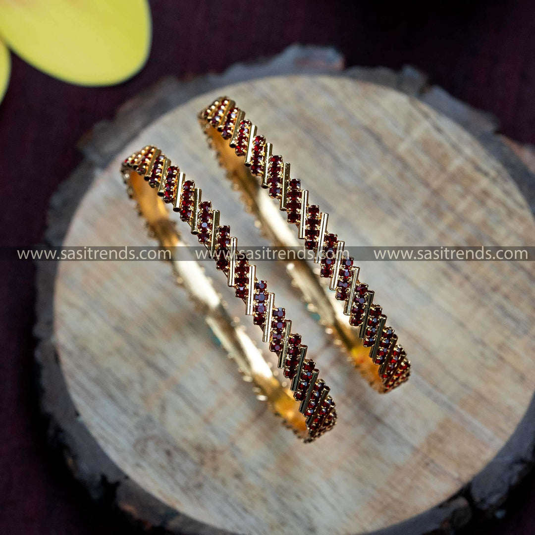 Temple Wear Micro Gold Plated Maroon American Diamond Stone Studded Bangles