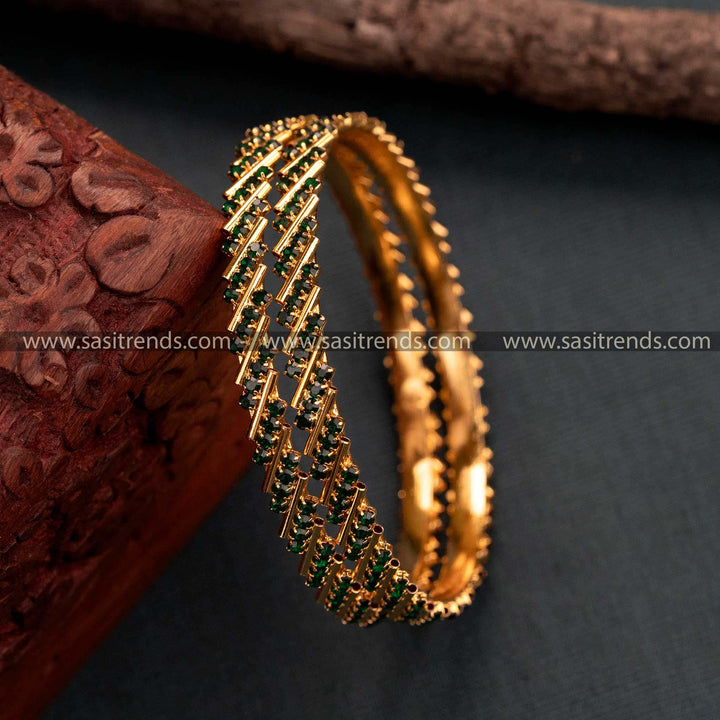 Trendy Micro Gold Plated Green American Diamond Stone Studded Bangles