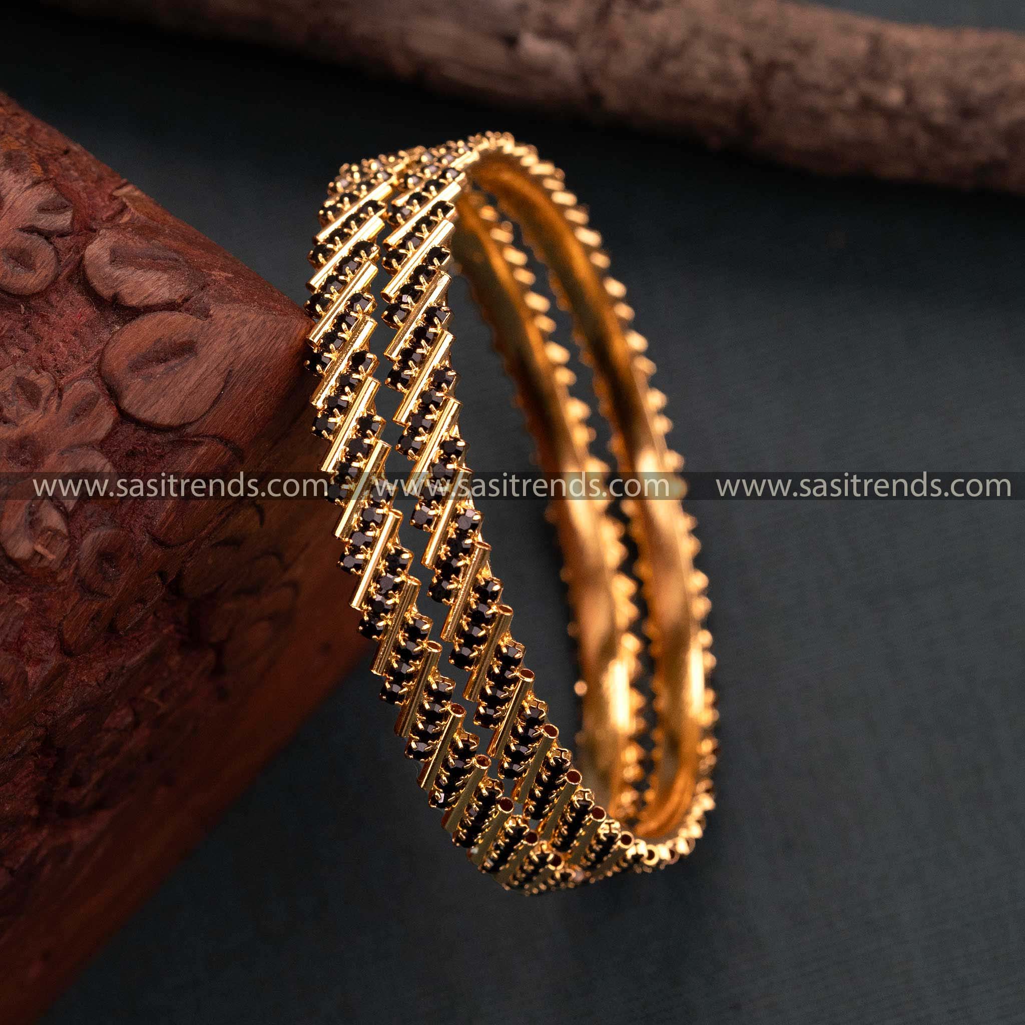 Traditional Temple Wear Micro Gold Plated Black American Diamond Stone Studded Bangles