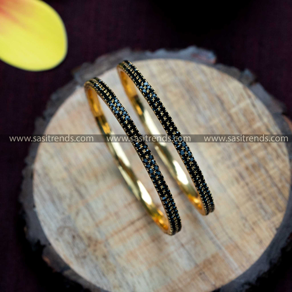 Temple Wear Guaranteed Micro Gold Plated Two Line Black American Diamond Stone Studded Bangles