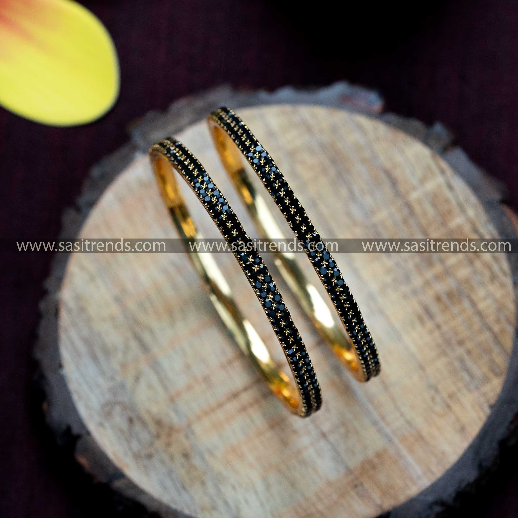 Temple Wear Guaranteed Micro Gold Plated Two Line Black American Diamond Stone Studded Bangles