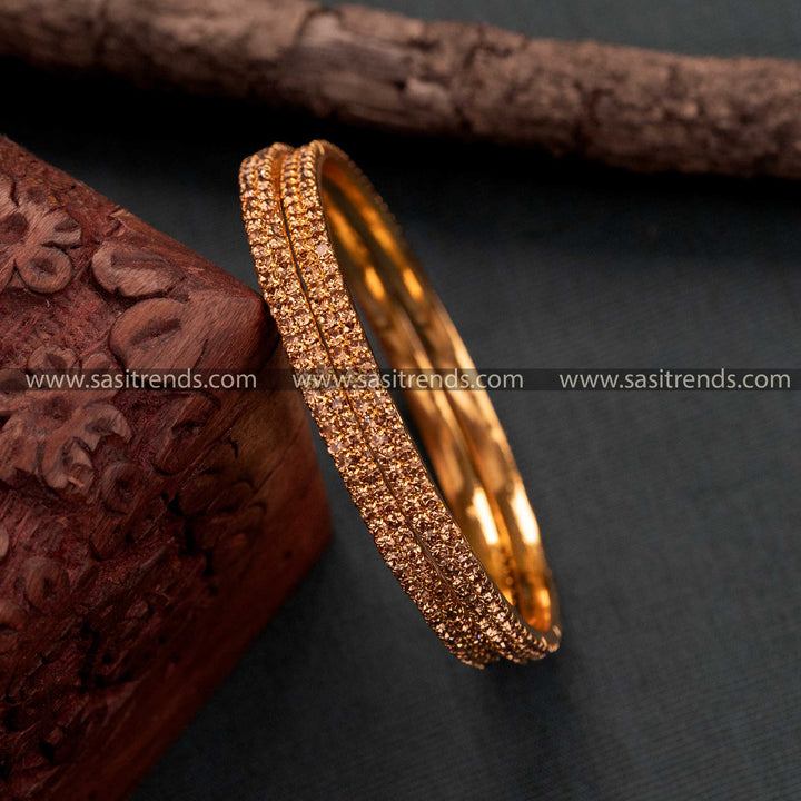 Traditional Wear Guaranteed Micro Gold Plated Two Line Honey American Diamond Stone Studded Bangles