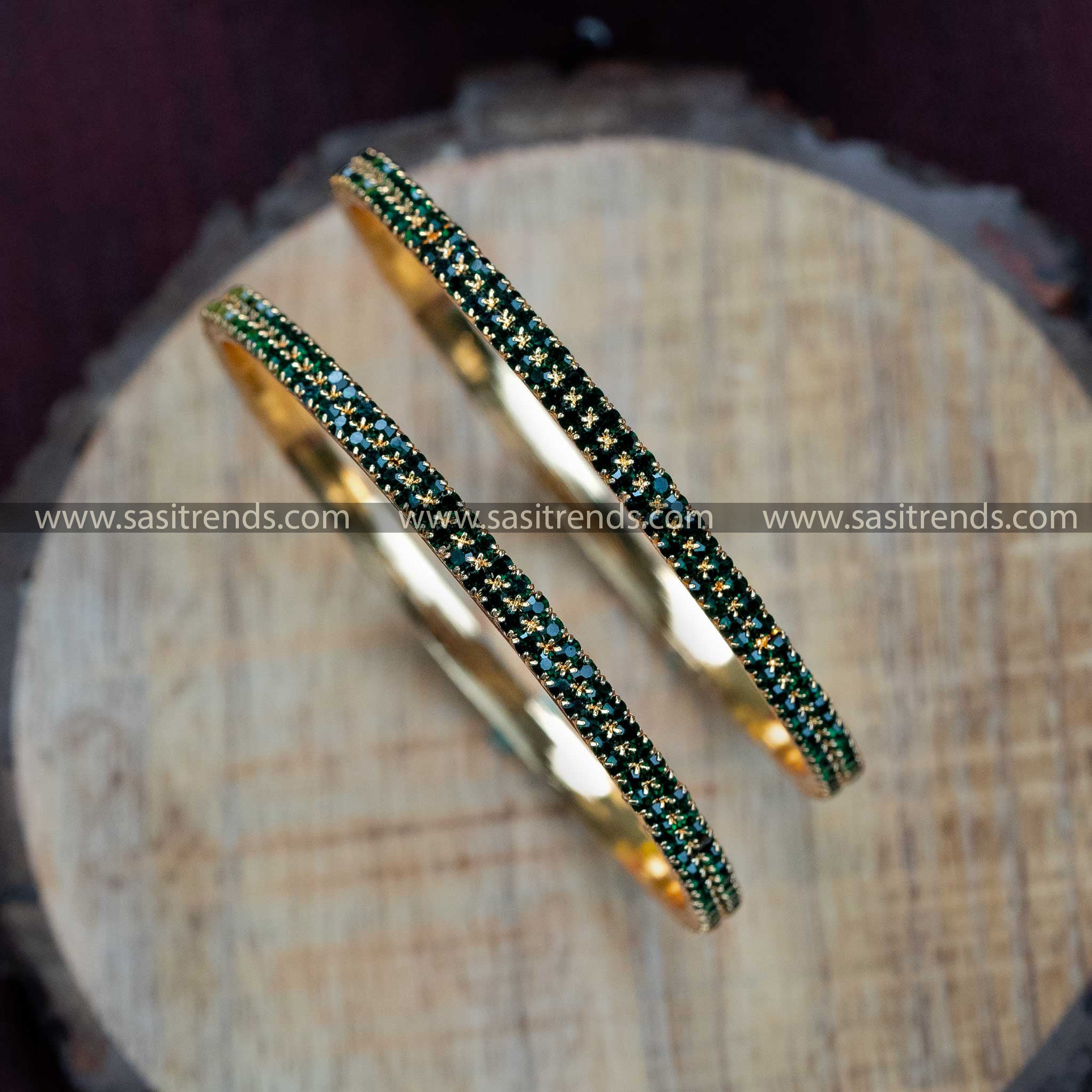 Festival Wear Guaranteed Micro Gold Plated Two Line Green American Diamond Stone Studded Bangles