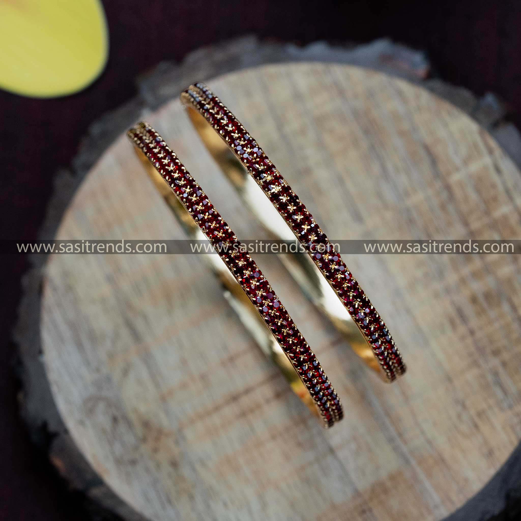 Guaranteed Micro Gold Plated Two Line Maroon American Diamond Stone Studded Bangles Online Shopping