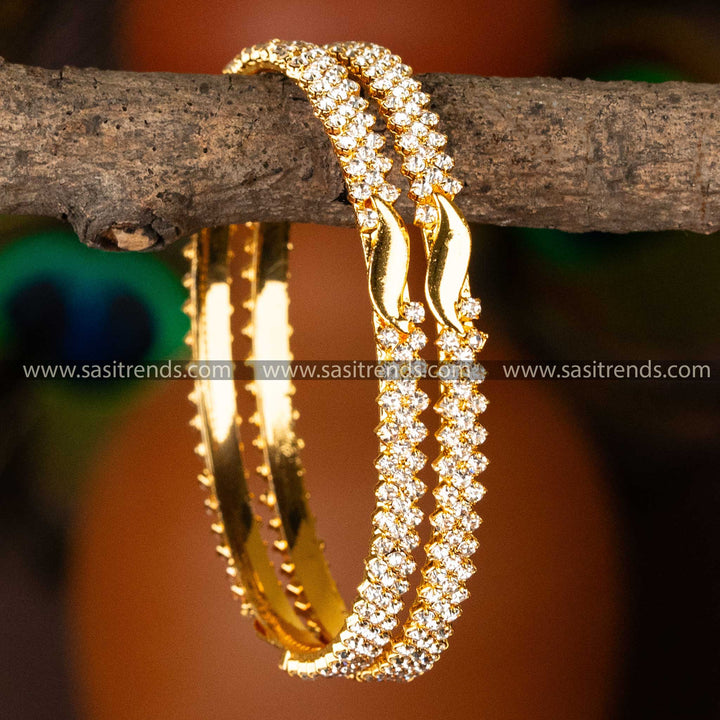 Traditional Wear Micro Gold Plated Center Leaf White Para Stone Studded Guaranteed Bangles Online Shopping