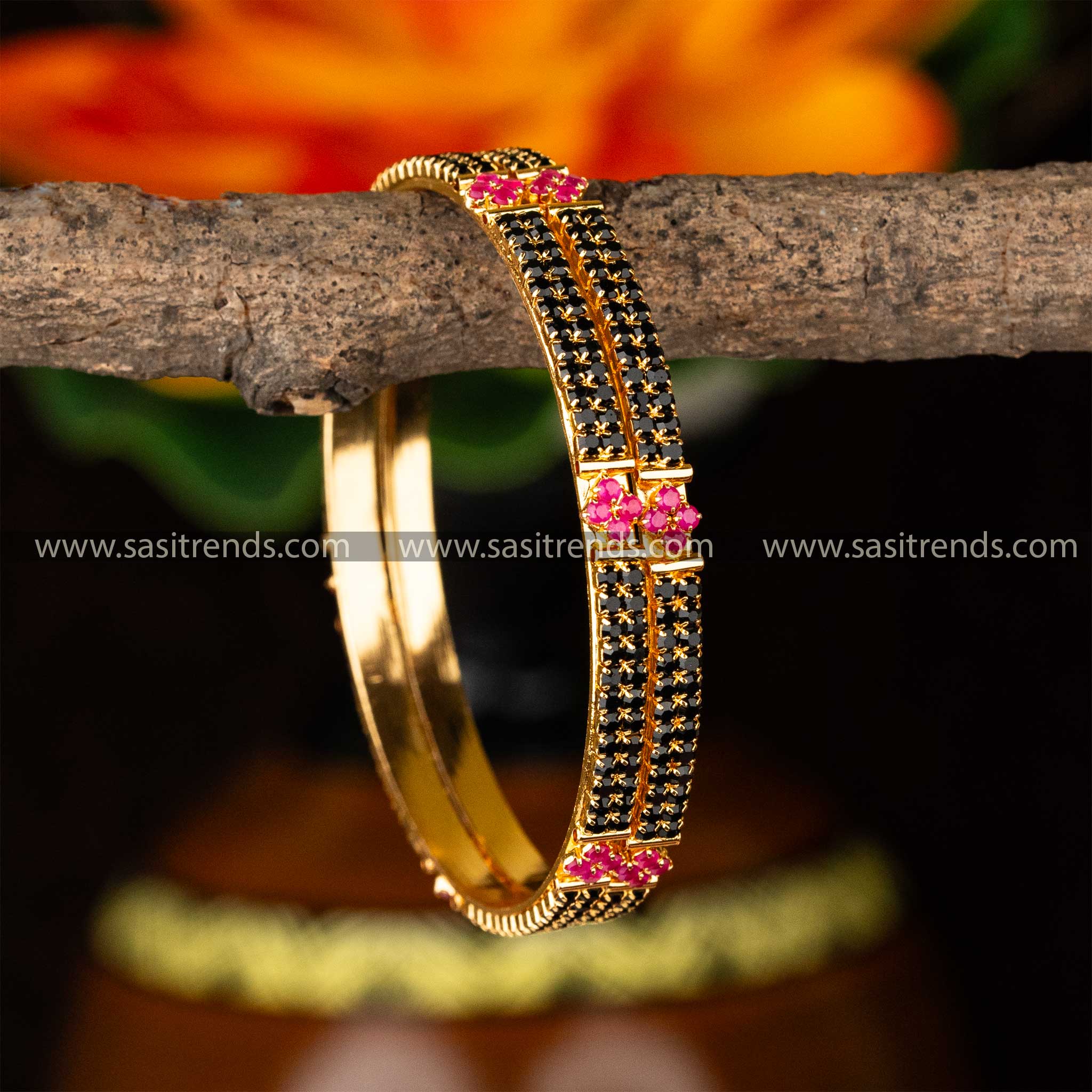 One Year Guaranteed Traditional Micro Gold Plated Center Diamond Shaped Black Ruby AD Stone Studded Bangles Online Shopping