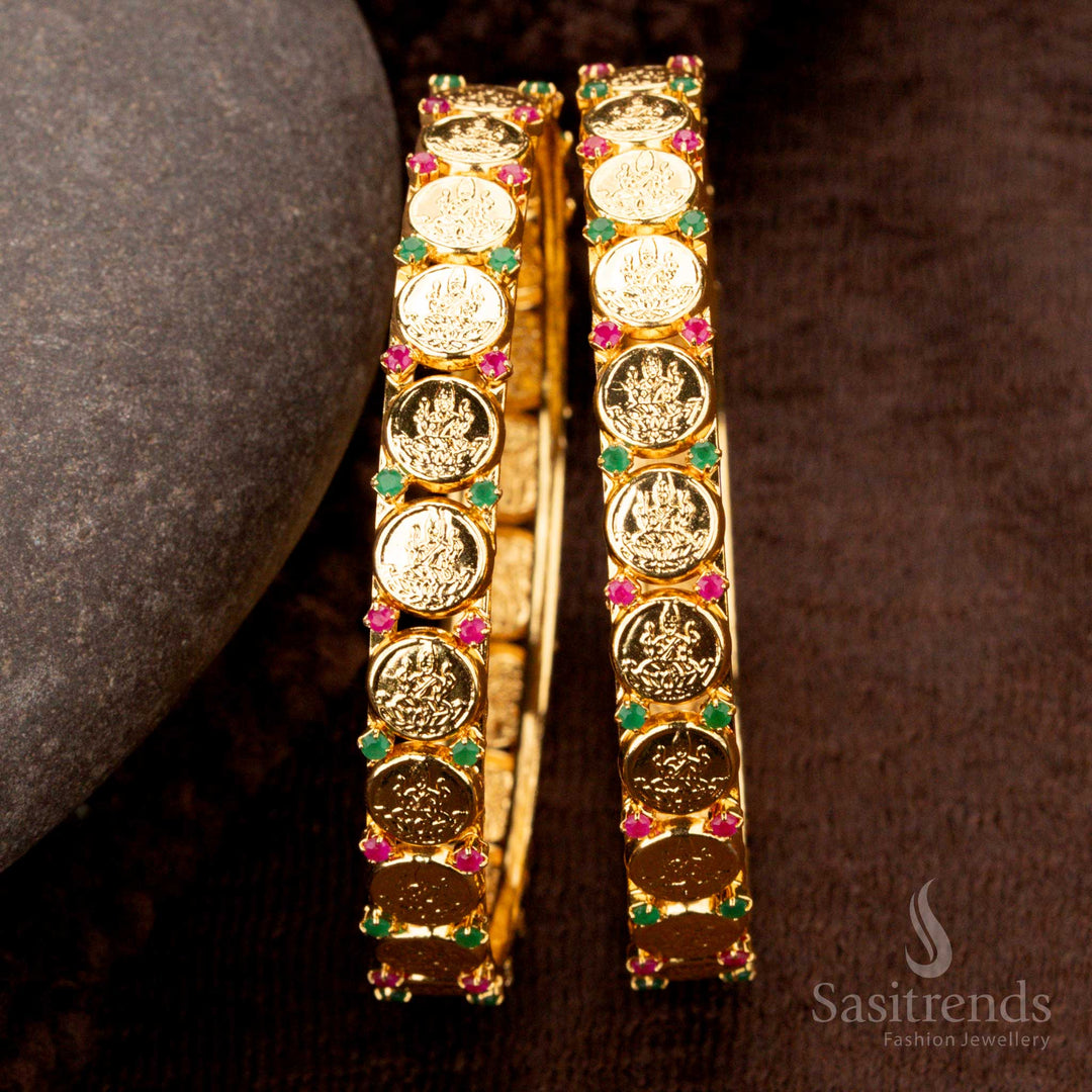 Elegant micro gold plated bangles featuring divine Lakshmi coin motifs and American Diamond stones, look like real gold - Sasitrends