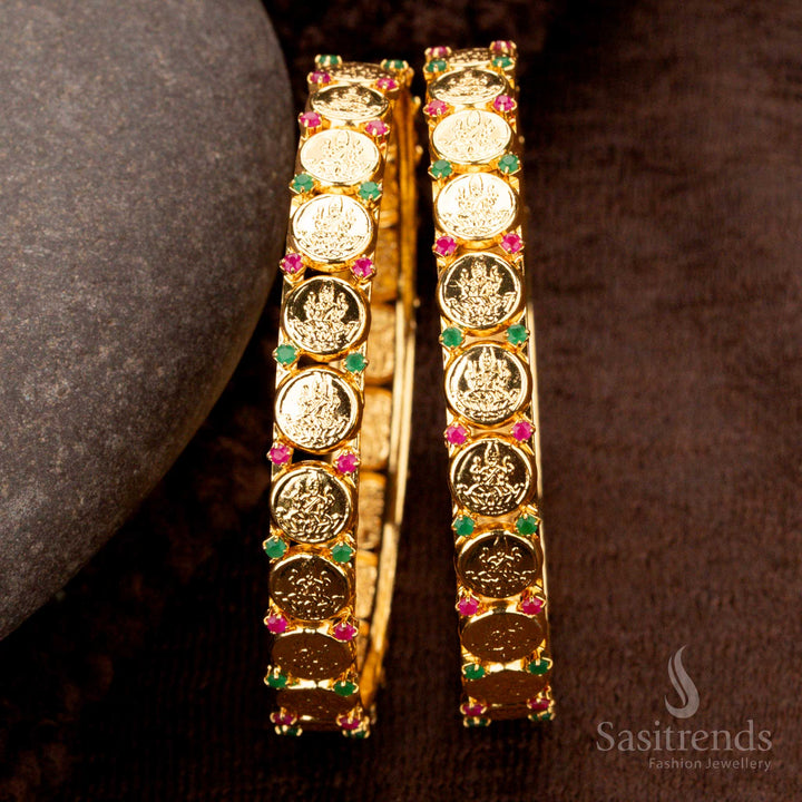 Amazing Micro Gold Plated Lakshmi Coin Bangles with Intricate Temple Design and AD Stones – Look Like Real Gold - Sasitrends