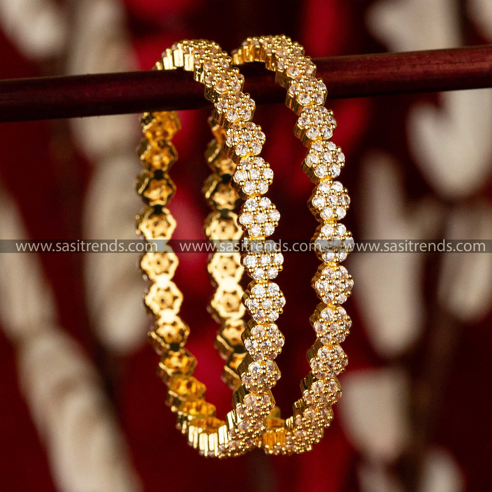 Elegant Micro Gold Plated Flower Designer White AD Stone Bangles Sasitrends Online Shopping