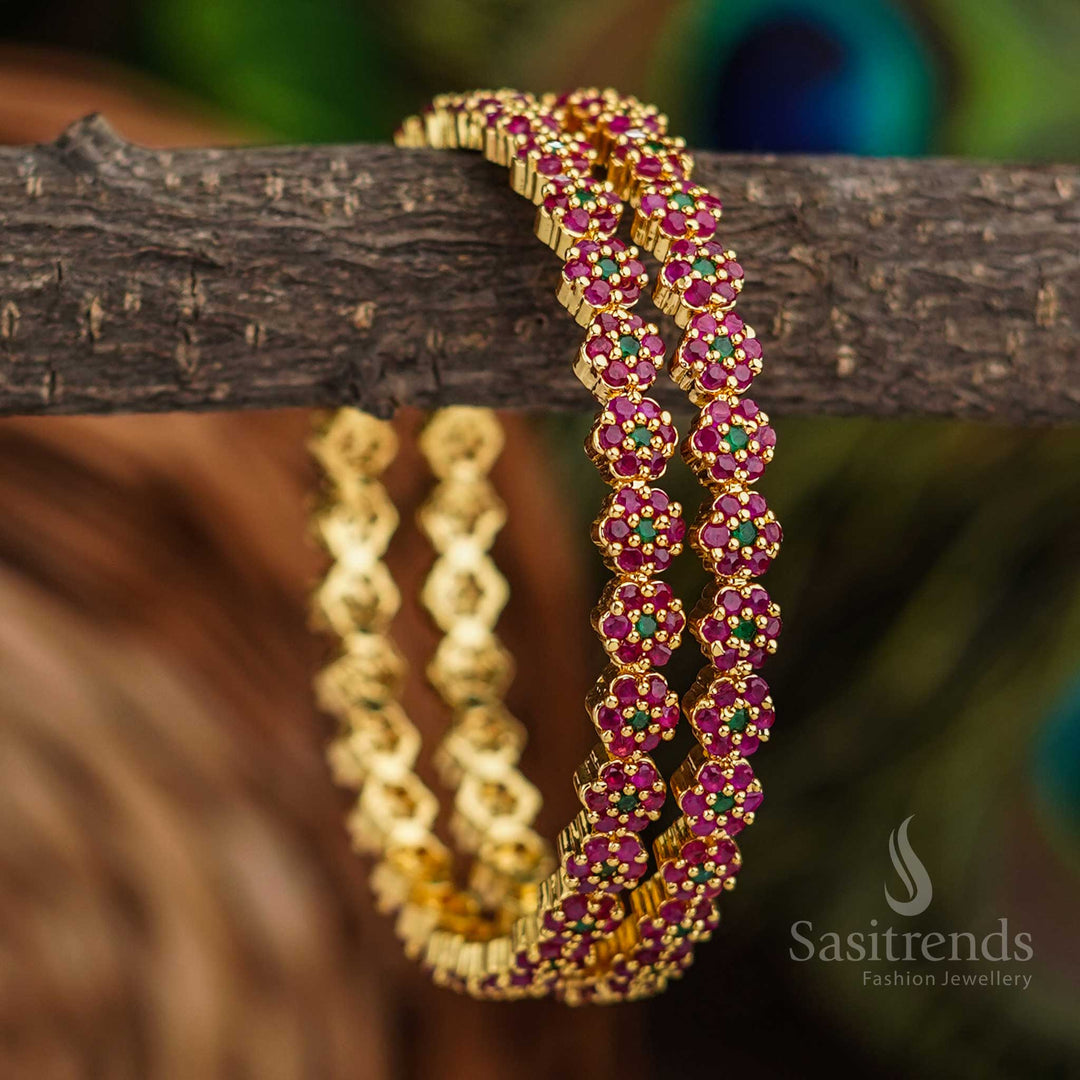 Designer ruby-green American diamond-studded bangles, micro gold-polished with a trendy traditional jewellery - Sasitrends