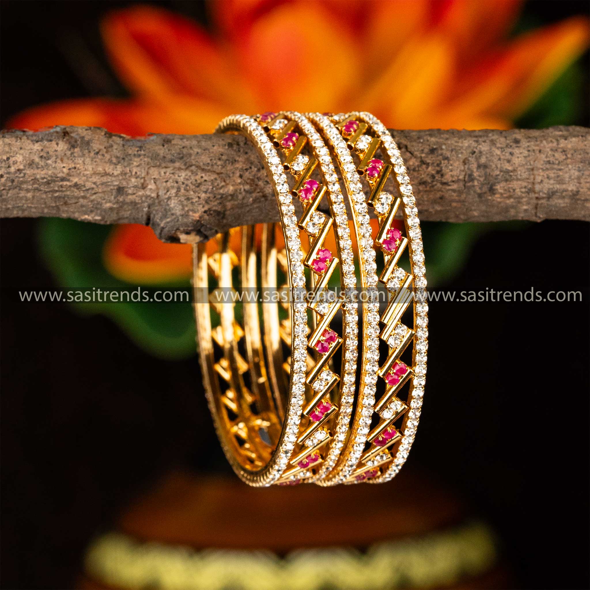 Elegant Temple Wear One Gram Micro Gold Plated Guaranteed Two Line White Ruby AD Stone Studded Bangles Sasitrends Online Shopping