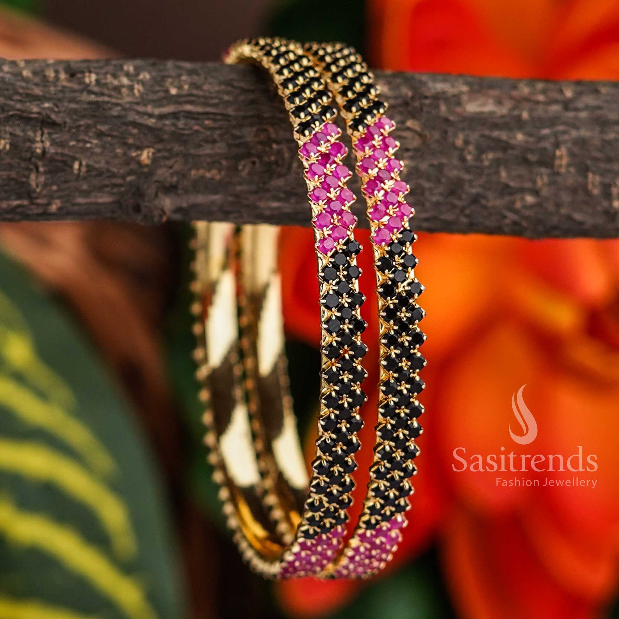 Latest One gram micro gold plated bangle pair with American Diamond stones, crossed lines design, for online shopping - Sasitrends