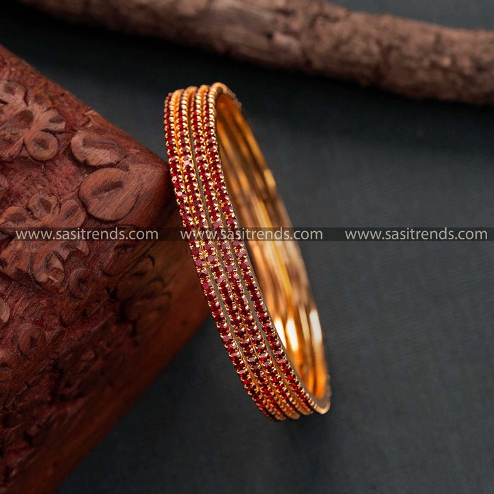 Temple Wear Guaranteed Micro Gold Plated One Line Maroon American Diamond Stones Bangles