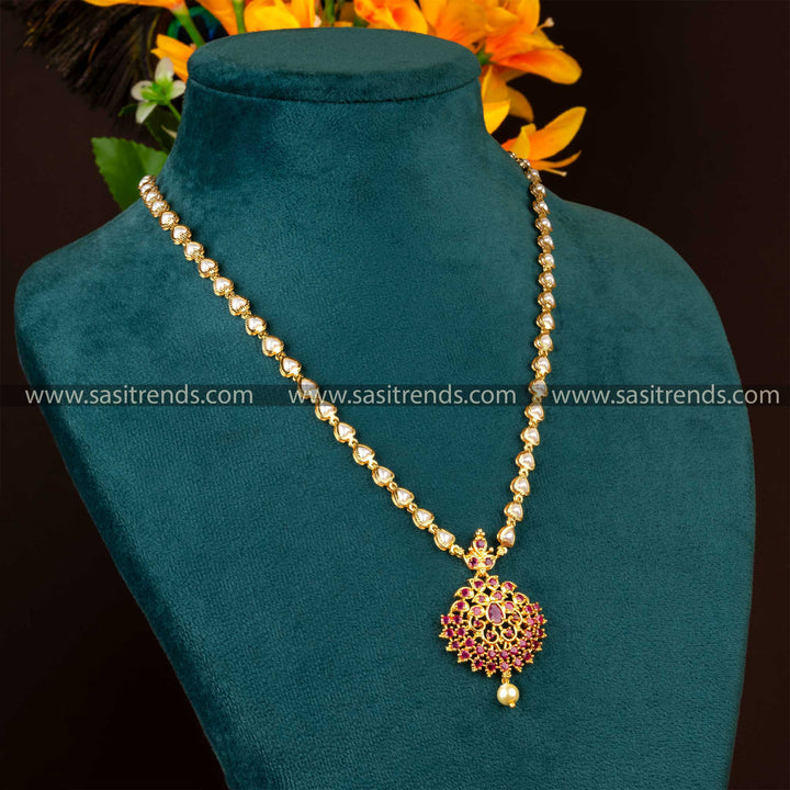 Trendy Micro Gold Plated Floral Pendant Pearl Necklace with American Diamond Stones | Sasitrends