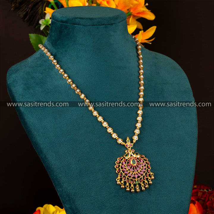 Traditional Micro Gold Plated Long Peacock Pendant Pearl Necklace with American Diamond Stones | Sasitrends