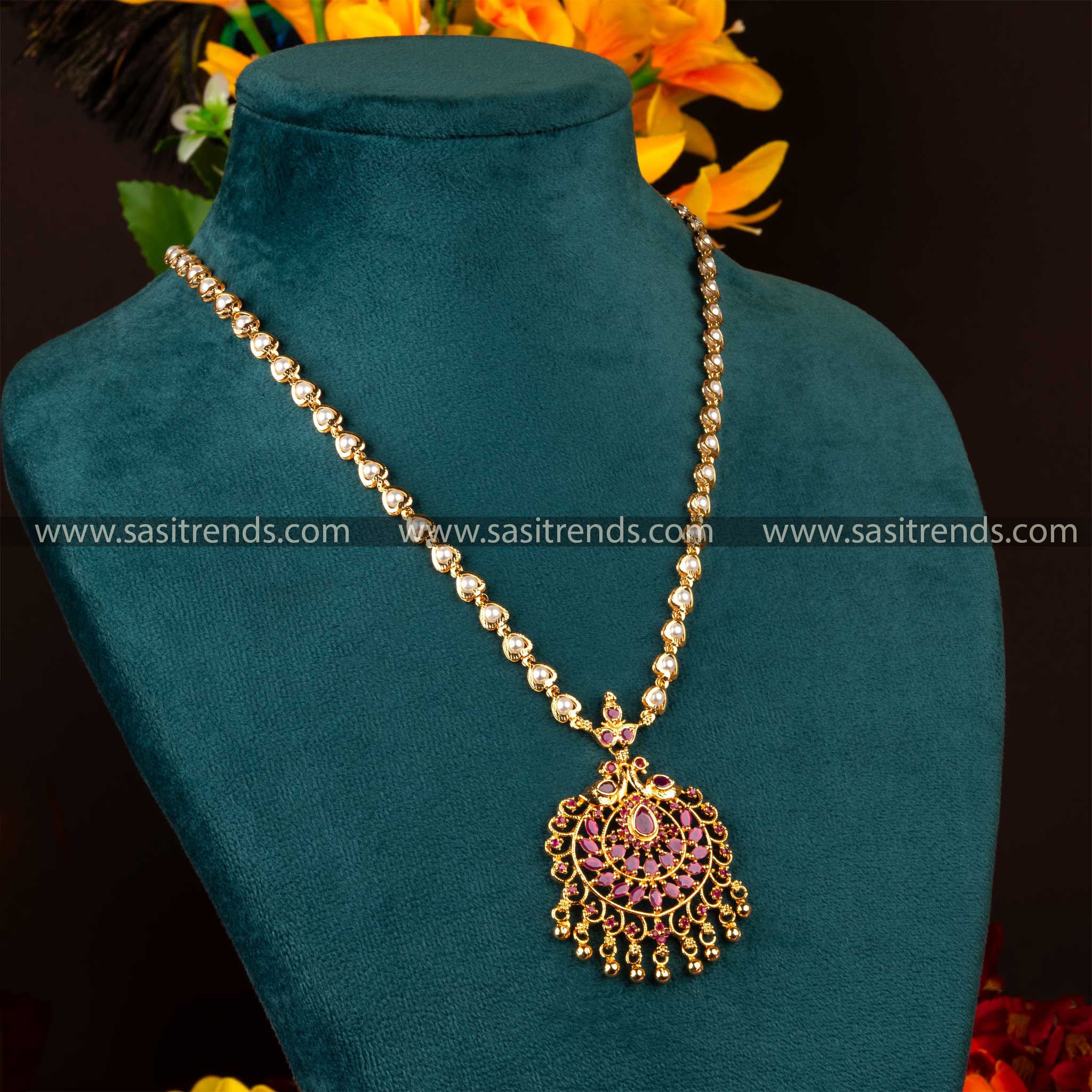 Traditional Micro Gold Plated Long Peacock Pendant Chain with AD Stones Necklace 