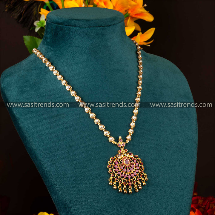 Traditional Micro Gold Plated Long Peacock Pendant Chain with AD Stones Necklace 