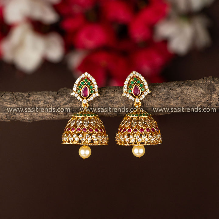 Glamorous Temple Matte Gold Plated AD Multi Color Jhumka Earrings | Sasitrends