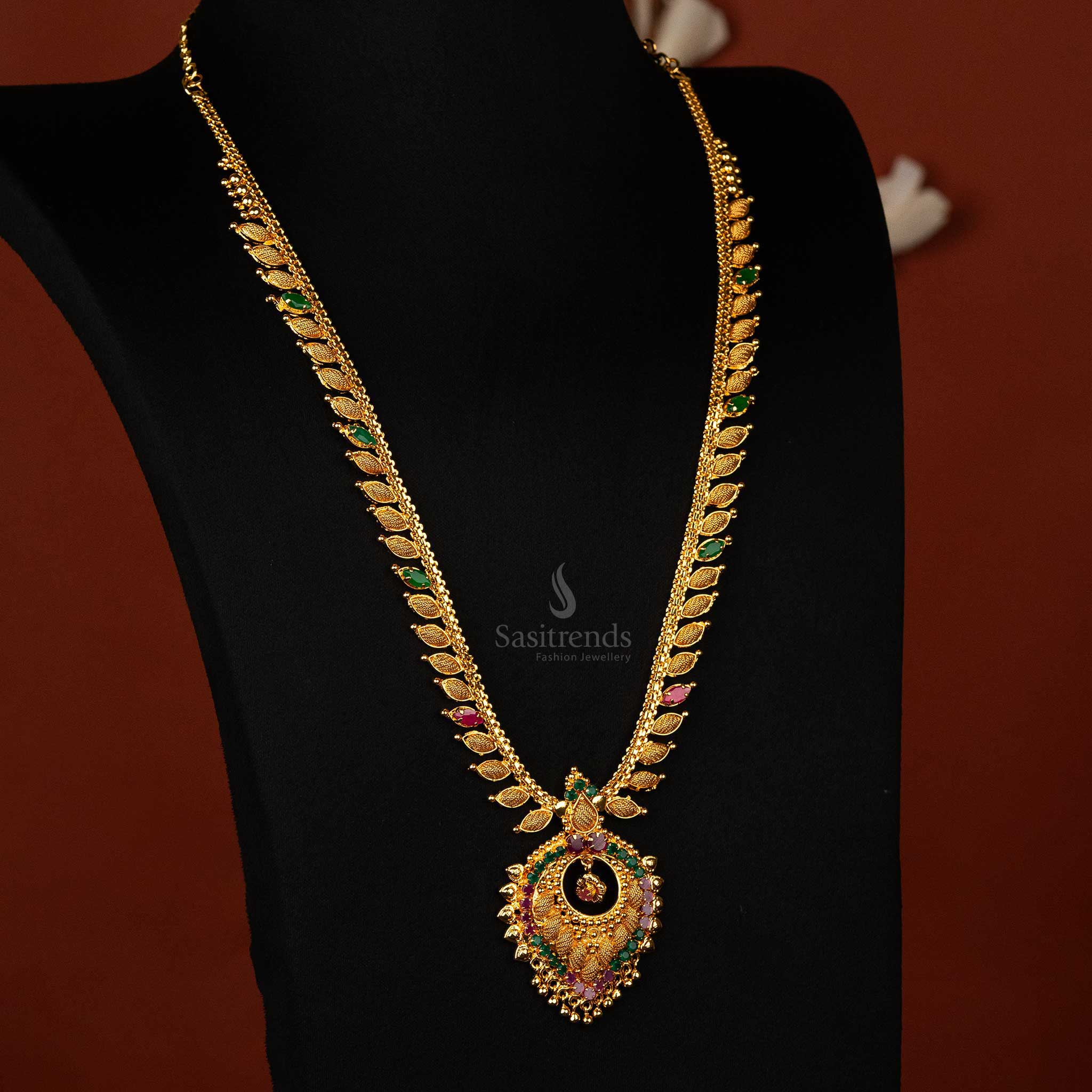 One gram micro gold-plated haram necklace with leaf motifs and premium pendant   