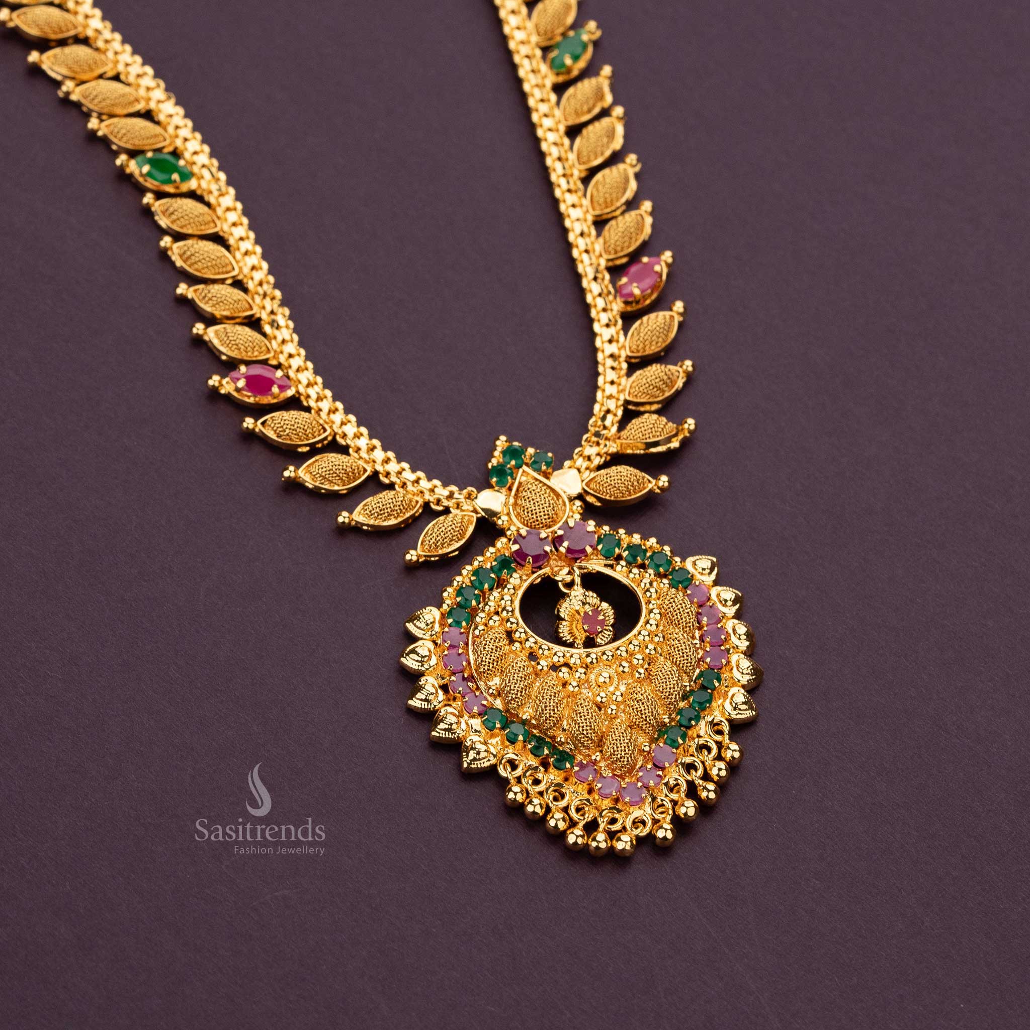 Long haram with intricate pendant and ruby-green AD stone design   