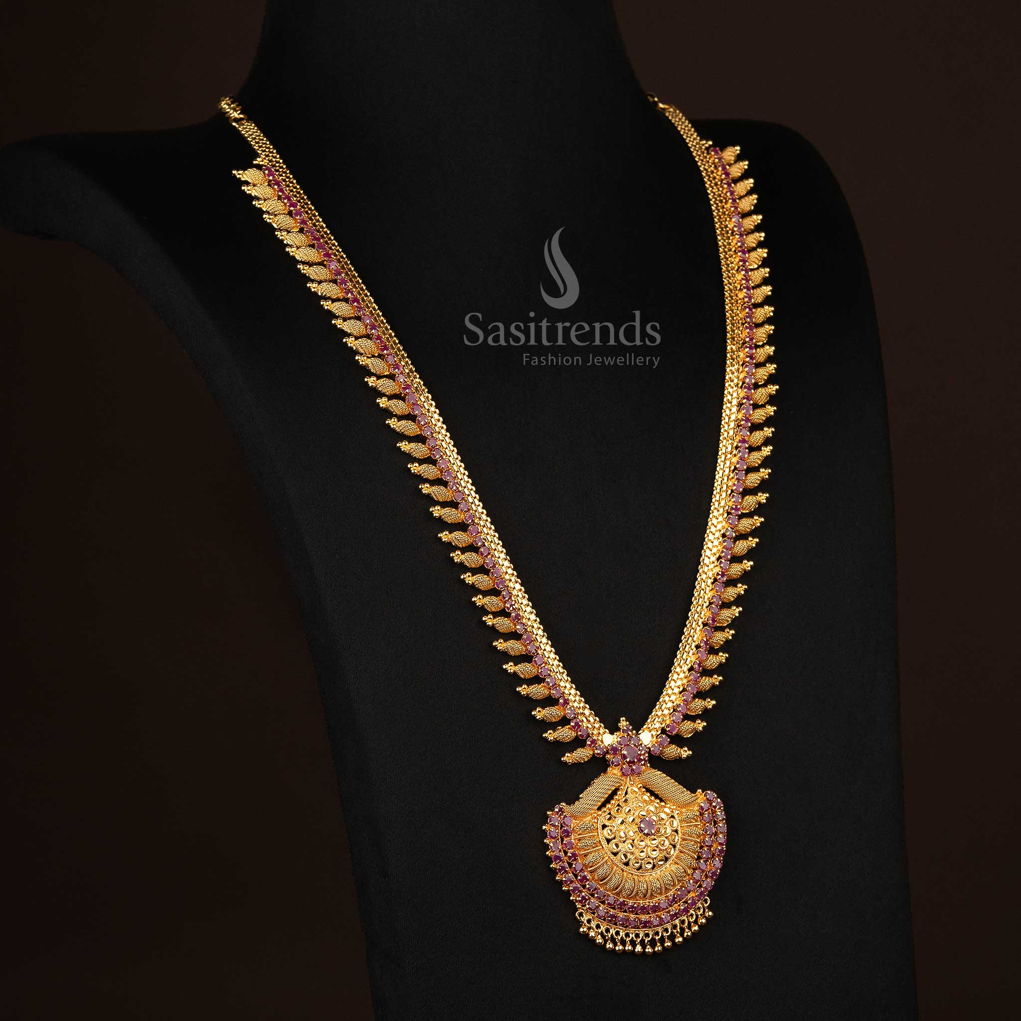 Ruby color pendant design on gold plated long haram necklace for women - Sasitrends